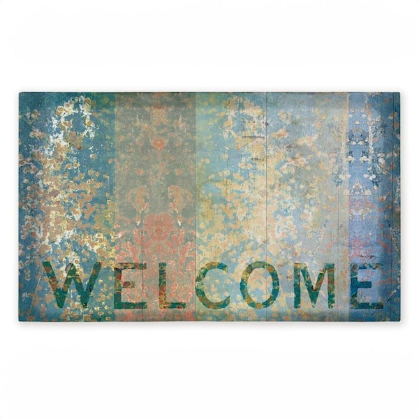 Rustic Stripe Welcome Blue 18 in. x 30 in. Polyester Non-Slip Outdoor Door Mat