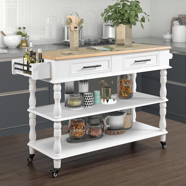FAMYYT Classic Rolling White Solid Oak Wood Tabletop 57 in. Kitchen Island with Drawers and Wheels