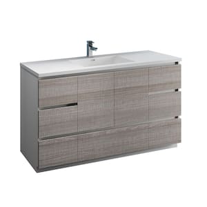 Lazzaro 60 in. Modern Bathroom Vanity in Glossy Ash Gray with Vanity Top in White with White Basin