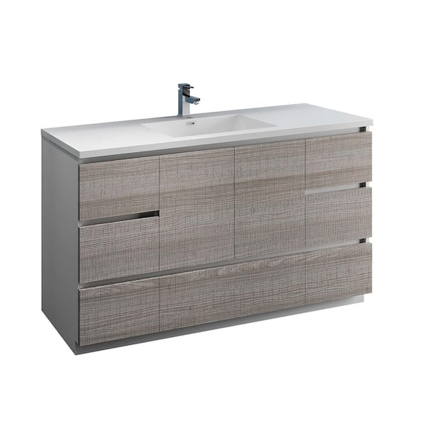 Fresca Lazzaro 60 in. Modern Bathroom Vanity in Glossy Ash Gray with Vanity Top in White with White Basin