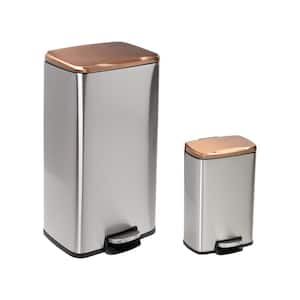 7.92 Gal. and 1.32 Gal. Rose Gold Stainless Steel Step Metal Household Trash Can Set
