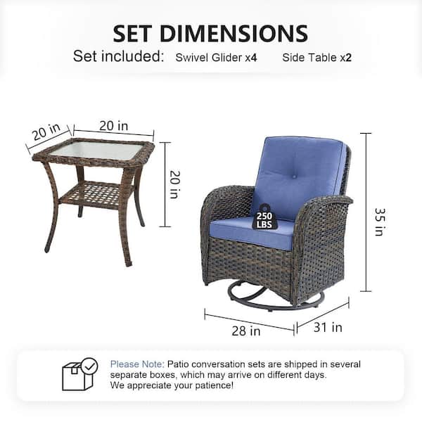 Sleek Arm 6-Piece Brown Wicker Patio Conversation Set with Olefin Blue Cushions Patio Swivel Chairs and Side Table