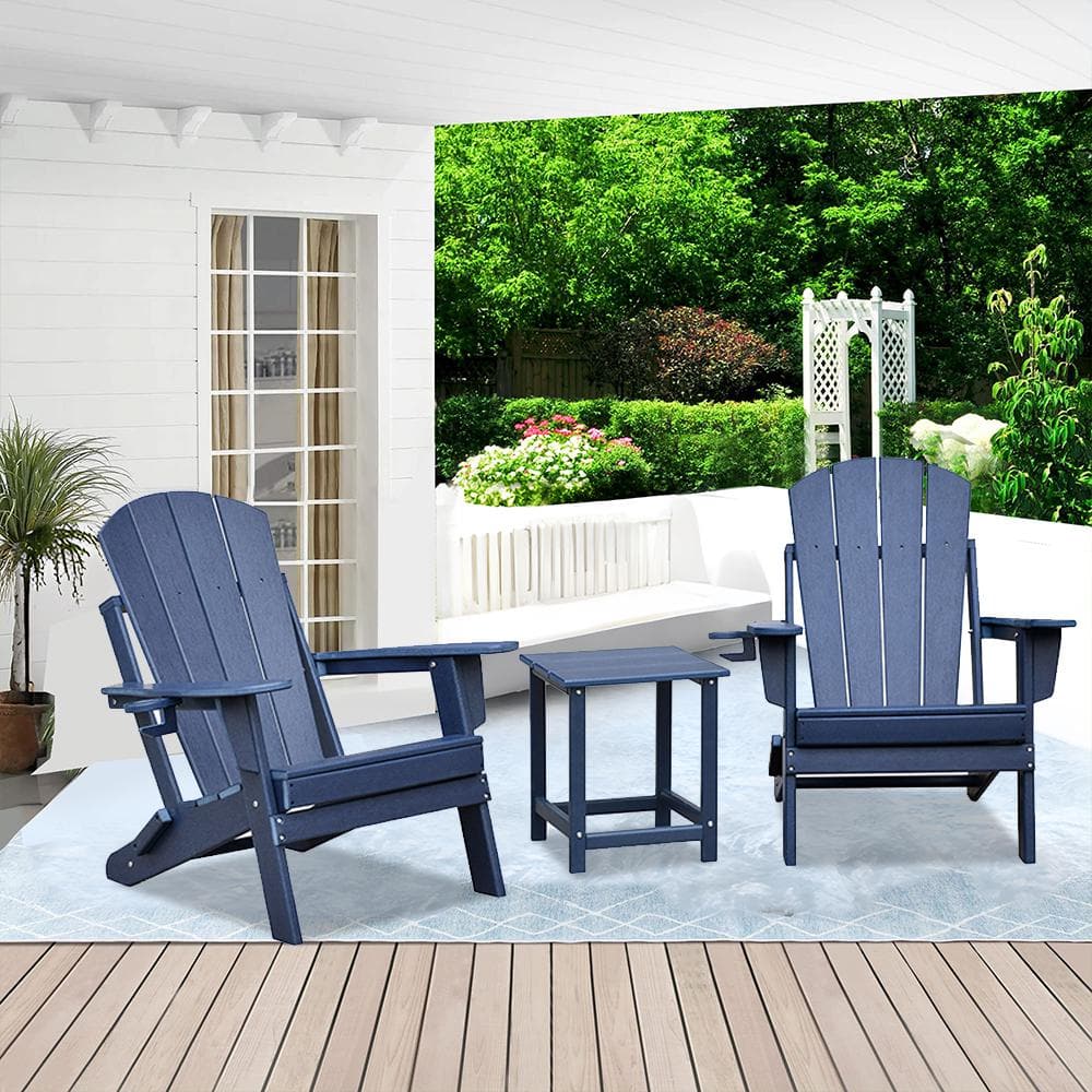 Navy Blue HDPE All-weather Folding Outdoor Adirondack Chair Set of 2 and Ta