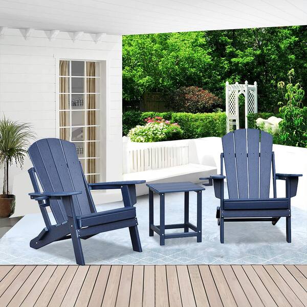 Unbranded Navy Blue HDPE All-weather Folding Outdoor Adirondack Chair Set of 2 and Table Set for Outside Deck Garden Backyard