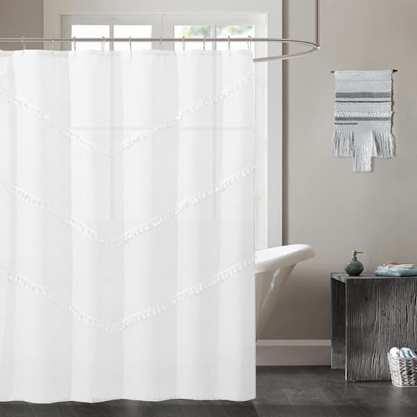 Dainty Home Natural Tassels 3D Linen Look Textured Tassels Designed Fabric Shower Curtain 70"W x 72"L in White