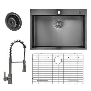Gunmetal Black Stainless Steel 30 in. 18 Gauge Single Bowl Dual Mount Kitchen Sink with Black Spring Neck Faucet
