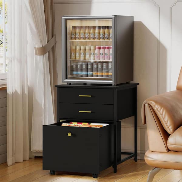 Black Wood Top Kitchen Cart with 3 Drawers and Rolling Wheels, Mini Fridge Cabinet, Beverage Fridge Table for Dorm