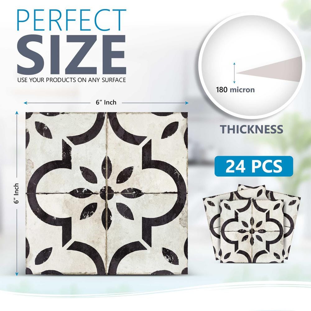 6x6 White and Black Vinyl Peel and Stick Mosaic Tile