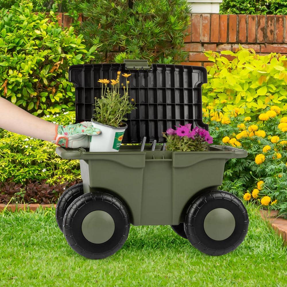 1.89 cu. ft. Green Plastic Rolling Garden Cart with Seat - Storage with Bench and Interior Tool Tray - Gardening Stool