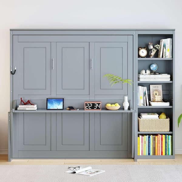 Gray Wood Frame Queen Size Murphy Bed with Desk and Bookshelf