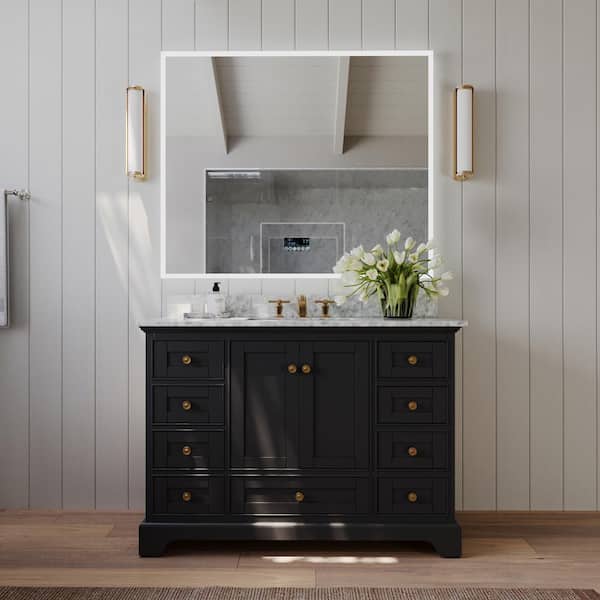 Ancerre Designs Audrey 48 in. W x 22 in. D Bath Vanity in Black Onyx with Marble Vanity Top in White with White Basin and Gold Hardware