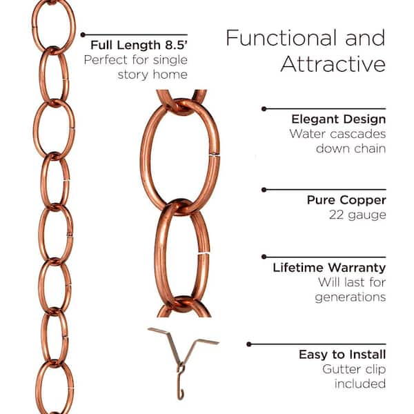 Good Directions 100% Pure Copper Chain Link Rain Chain, 8-1/2 ft. Long,  Large Links, Replaces Gutter Downspout 485P-8 The Home Depot