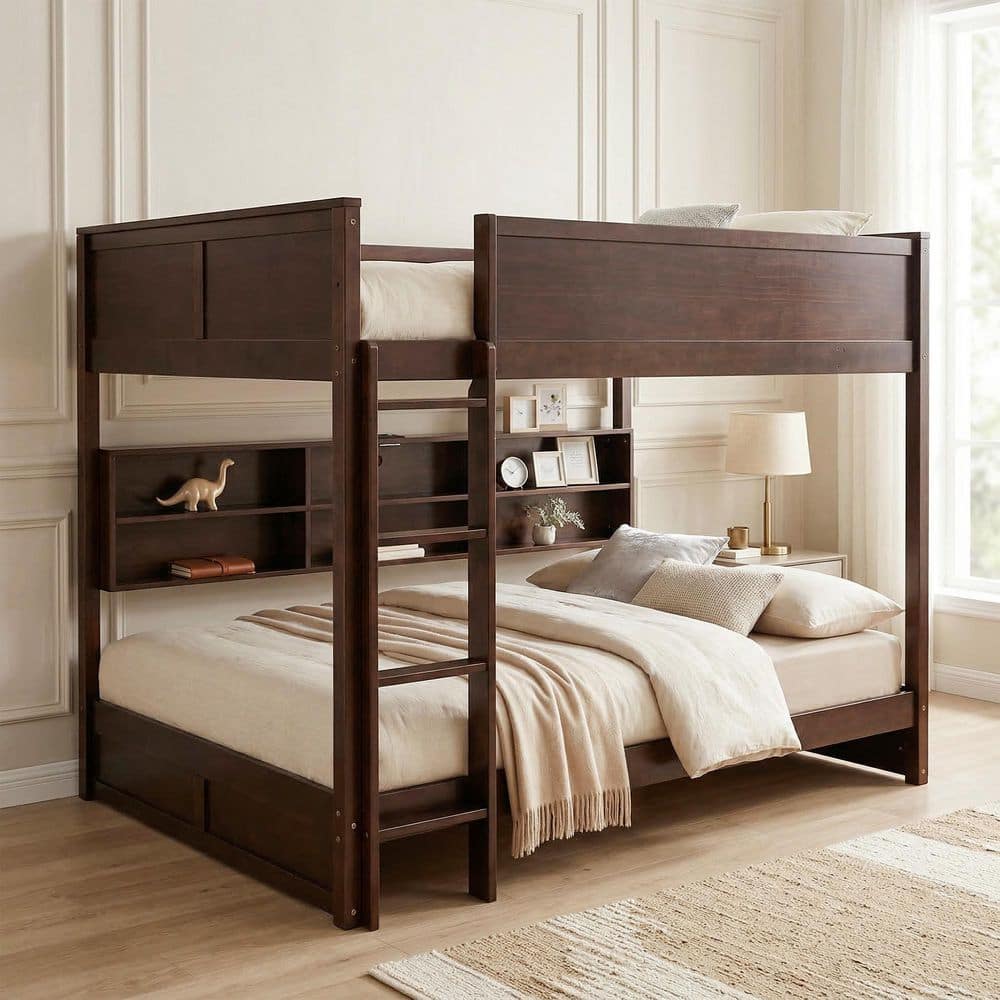 Queen over Queen Bunk Bed with Bookcase Storage & USB Charging, Solid Wood Low Bunk Platform Bed Frame, Dark Brown price history on PriceWatchPro