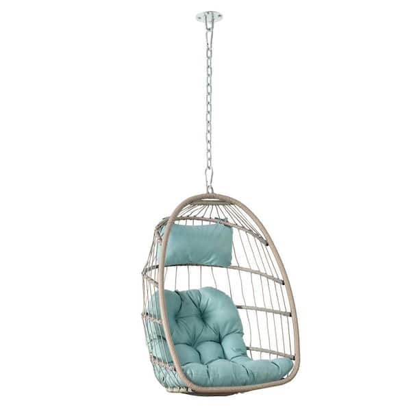Freestyle Wicker Patio Porch Swing Hanging Egg Chair with Tiffany Blue Cushion