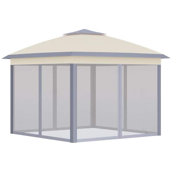 11 ft. x 11 ft. Beige Pop Up Canopy Tent with Netting and Carry Bag, Instant Gazebo Sun Shelter, Tents for Parties
