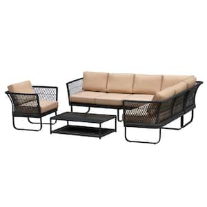 Menton 6-Piece Wicker Patio Conversation Set Metal Outdoor Sectional Seating Set for 6-Person with Navy Blue Cushions