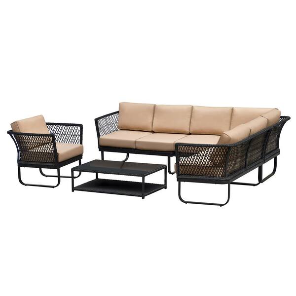 THY-HOM Menton 6-Piece Wicker Patio Conversation Set Metal Outdoor Sectional Seating Set for 6-Person with Navy Blue Cushions