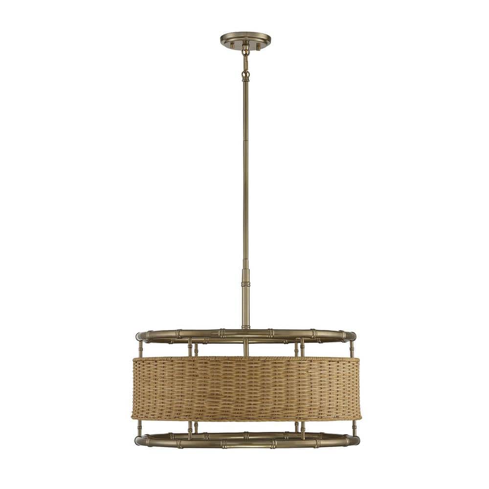 Arcadia Warm Brass and Natural Rattan 6-Light Drum Pendant