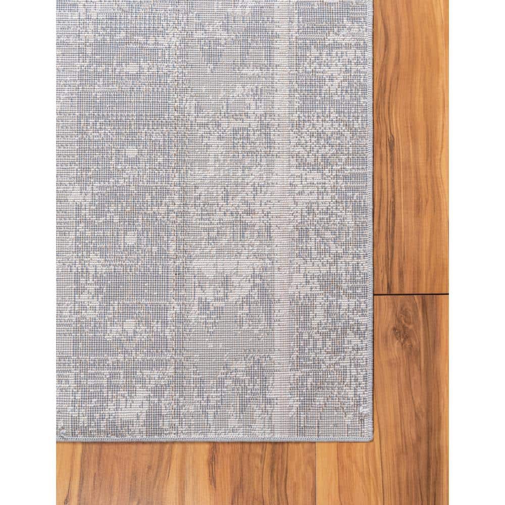 Blue and Ivory Geometric Synthetic Runner Rug