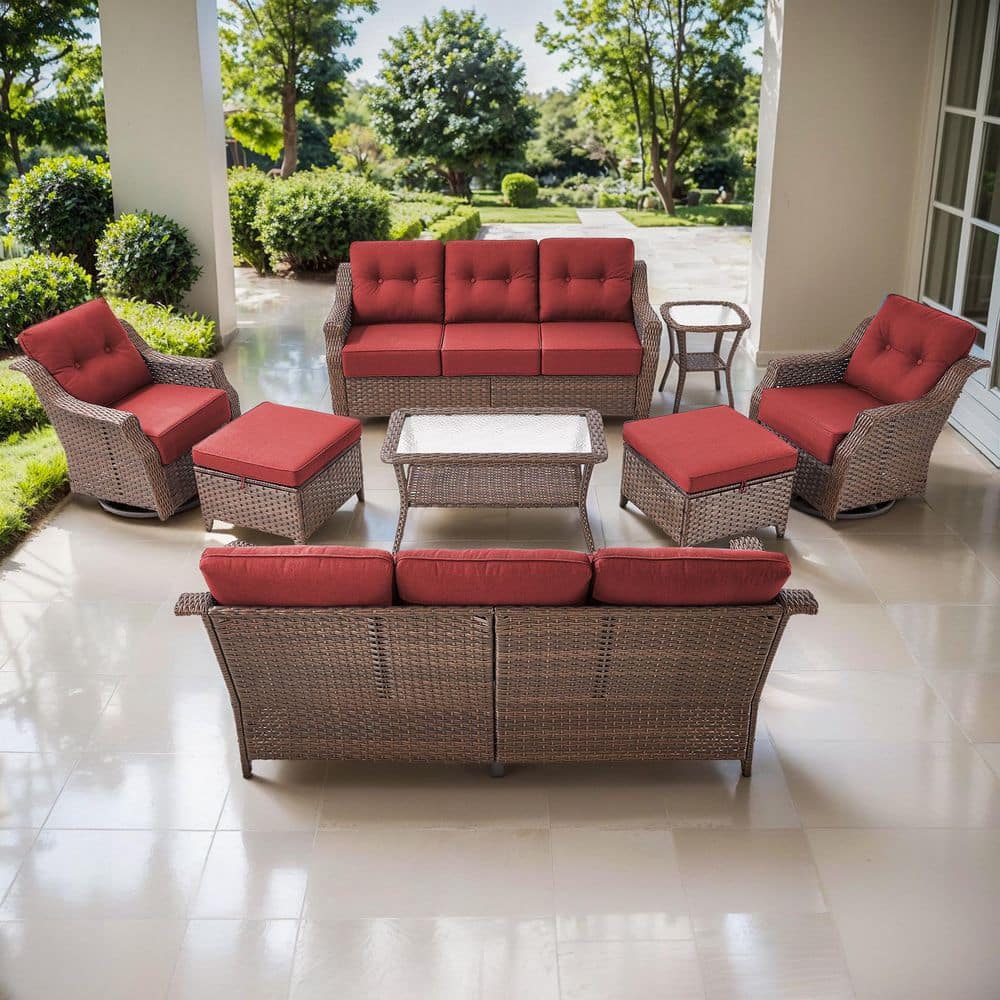 Artisan Brown 8-Piece Wicker Patio Conversation Set with 3-Seat Sofas, Swivel Rockers, and Olefin Red Cushions price history on PriceWatchPro