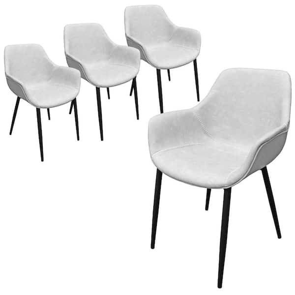 Leisuremod Markley Light Grey Modern Leather Dining Arm Chair with Black Metal Legs (Set of 4)