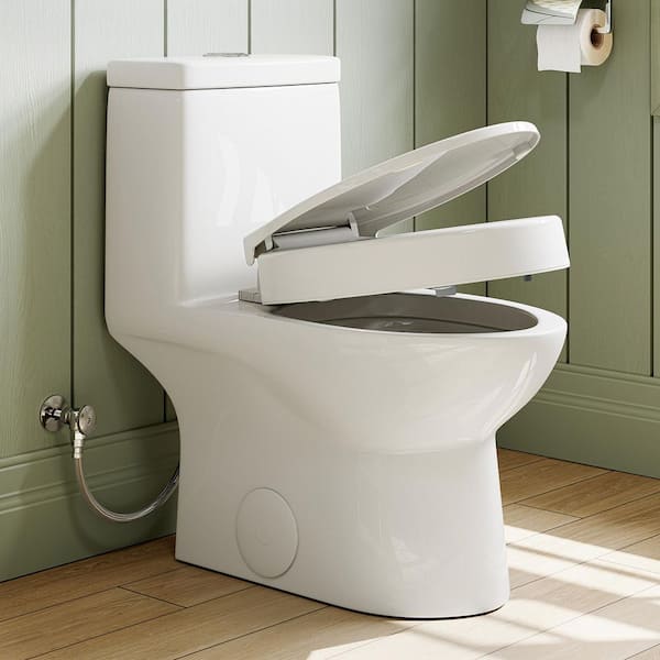 WaterSence (1-Piece) 0.8/1.28 GPF Dual Flush Elongated Toilet in White with 3 in. Elevated Toilet Seat with Lid, Hinge