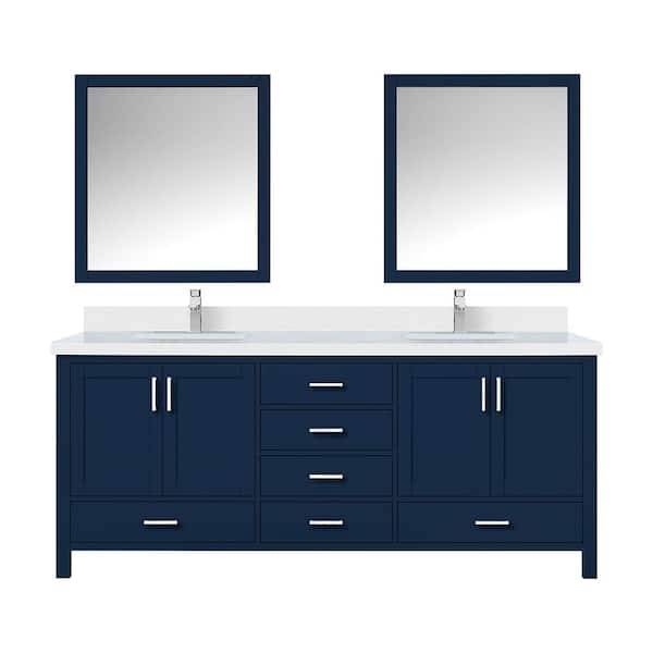 Jacques 80 in. W x 22 in. D Navy Blue Double Freestanding Bath Vanity with White Quartz Top, Faucet, and 30 in. Mirrors