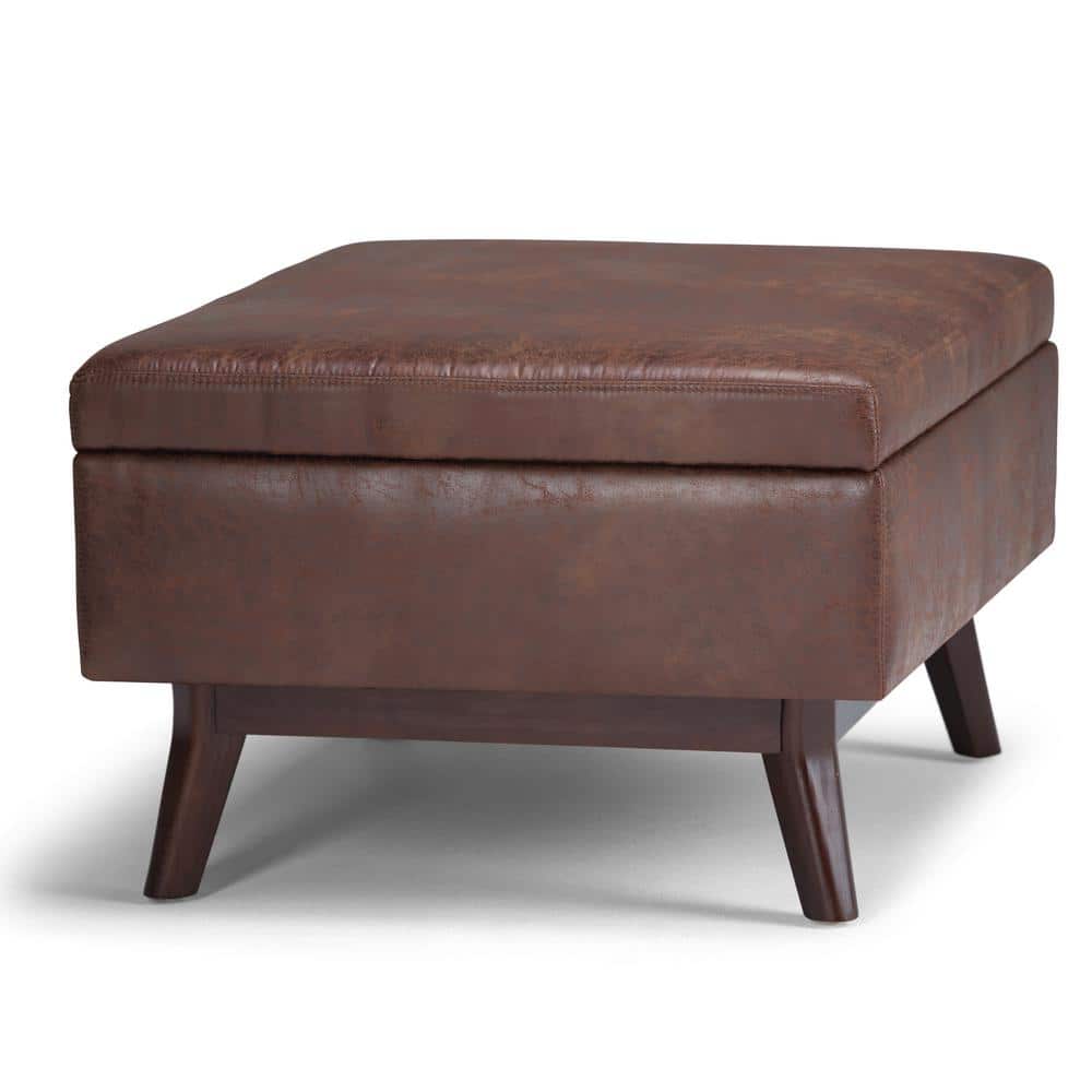 Distressed Saddle Brown Wood Storage Ottoman with Hydraulic Lift