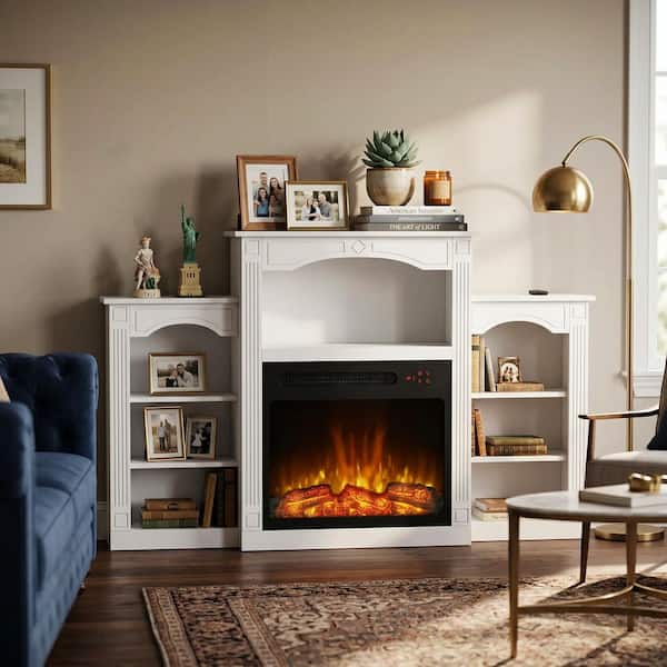 White TV Stand Entertainment Center Fits TV's up to 60 in. W with Electric Fireplace and 7 Open Shelves