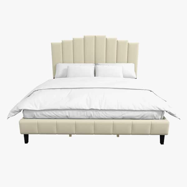 JAYDEN CREATION Chaonian 84.2"D Ivory Tufted Upholstered Platform Bed with Center Legs