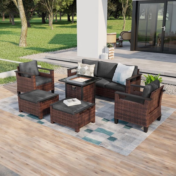 Sonkuki 6 Pieces Brown Wicker Black Cushion Patio Conversation Set with Square Firepit Table and Ottomans