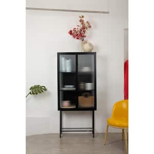 Black Fluted Metal Glass 27.70 in. W Kitchen Island with Storage Cabinet