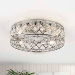 19 in. 4-Light Satin Nickel Modern Flush Mount with Iron and Glass Shade and Remote Control Included