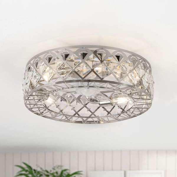 Breezary 19 in. 4-Light Satin Nickel Modern Flush Mount with Iron and Glass Shade and Remote Control Included