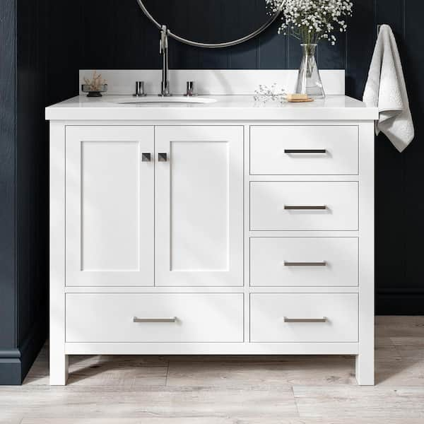 ARIEL Cambridge 43 in. W x 22 in. D x 36 in. H Vanity in White with Pure White Quartz Top