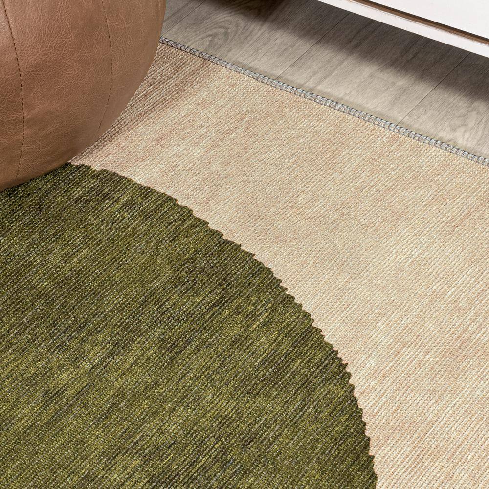 Ivory and Olive Geometric Washable Synthetic Area Rug