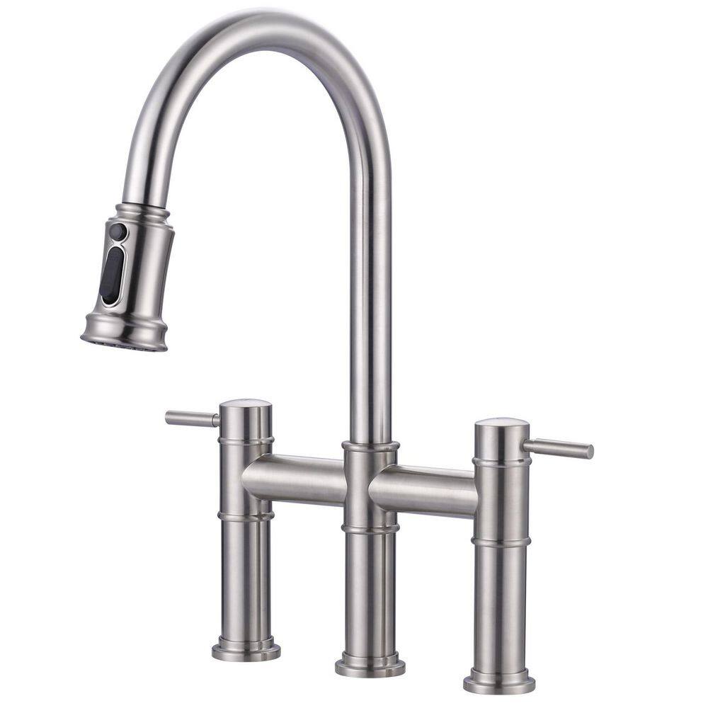 Double Handle Brass Bridge Kitchen Faucet with 3-Mode Pull Out Sprayer in Brushed Nickel price history on PriceWatchPro