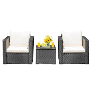 3-Piece Wicker Patio Conversation Set with White Cushions and Tempered Glass-Top Table