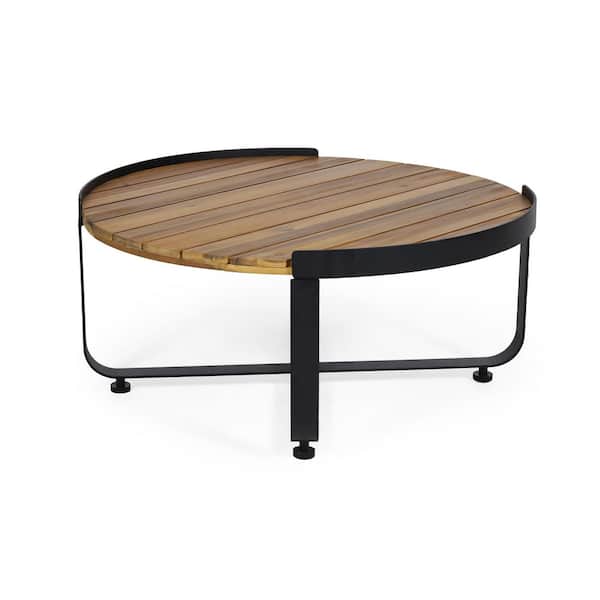 Black Metal Modern Industrial Indoor and Outdoor Coffee Table w/ Teak Wood Slat Panel Tabletop and Stable X-shaped Base
