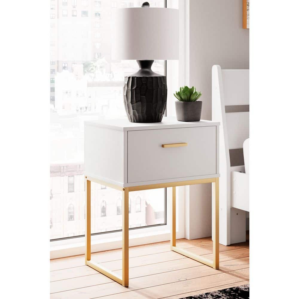 White and Gold 1-Drawer Nightstand with Metal Legs