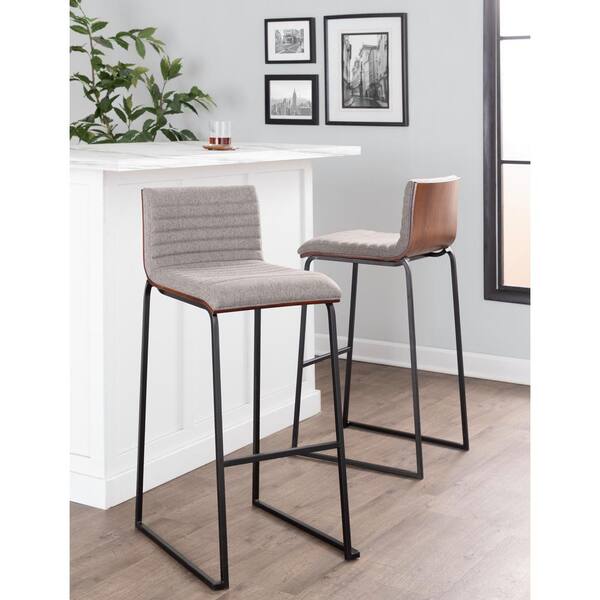 Mason Mara 38.75 in. Grey Fabric and Black Metal High Back Bar Height Bar Stool with Walnut Wood Seat Back Set of 2