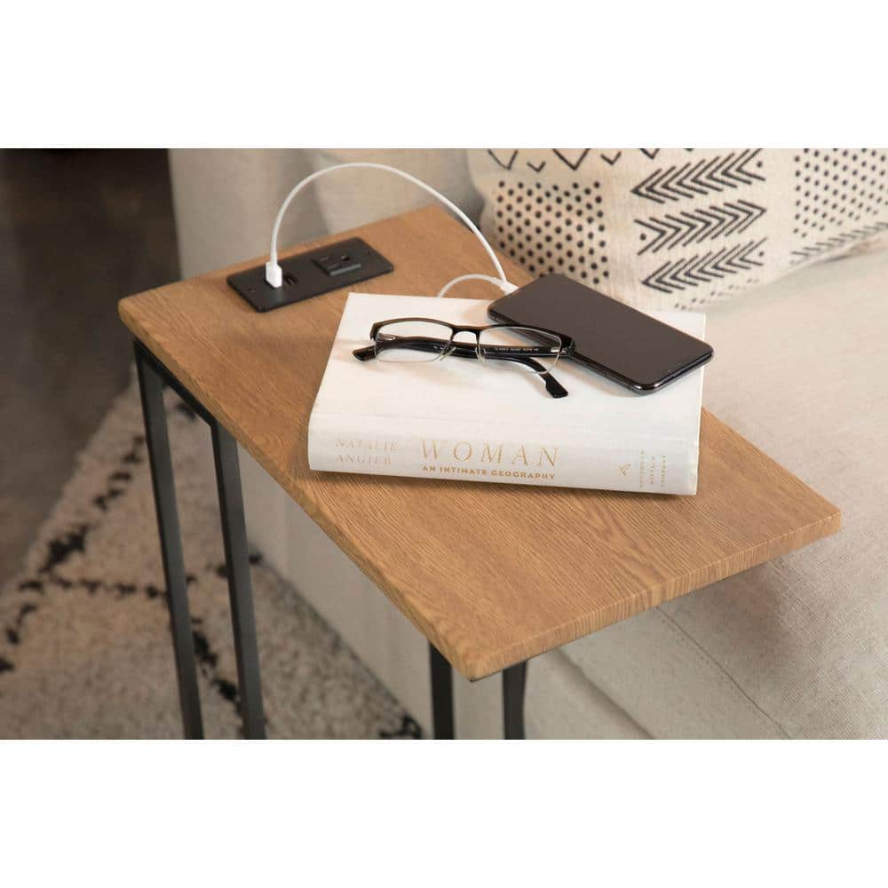 Gunmetal Grey and Natural Wood Industrial Snack Table with Power Ports