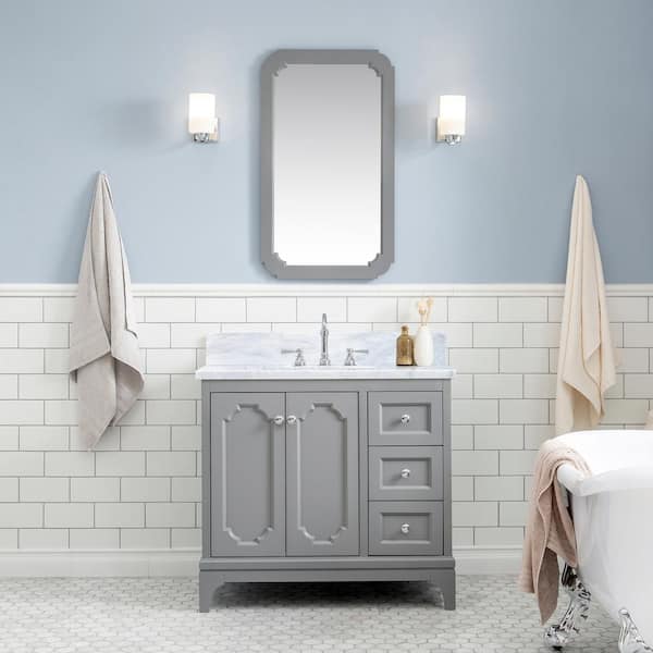Water Creation Queen 36 in. W x 22 in. D Bath Vanity in Grey with Marble Bath Vanity Top in White with White Basin, Faucet and Mirror