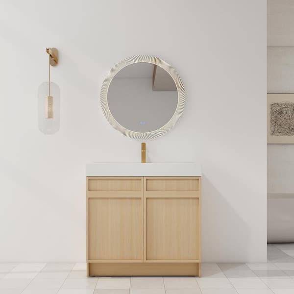 UPIKER Ambra 35.4 in. W x 19.7 in. D x 35.1 in. H Freestanding Bath Vanity Cabinet in Dune Oak with White Resin Top