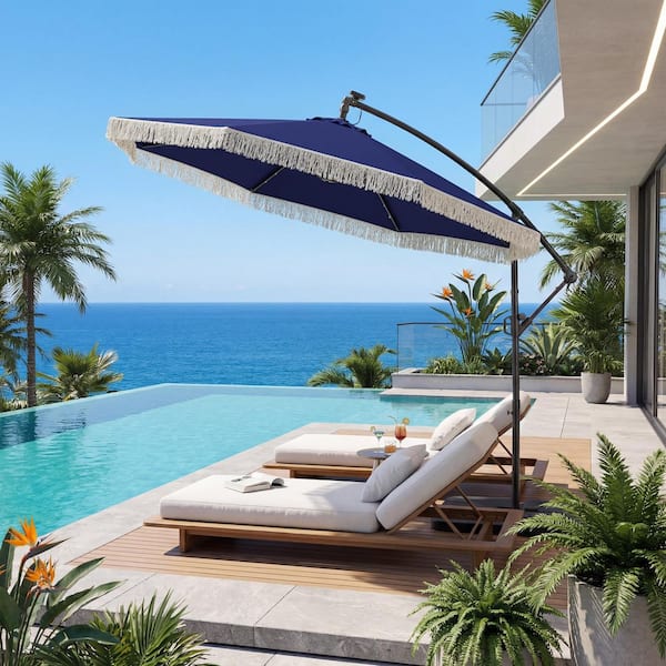 blue offset patio umbrella with solar lights Mondawe 10ft Patio Offset Hanging Lighted Umbrella with Tassels