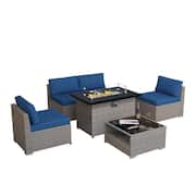 6-Piece Wicker Outdoor Patio Sectional Conversation Set with Blue Cushions and Fire Pit Table