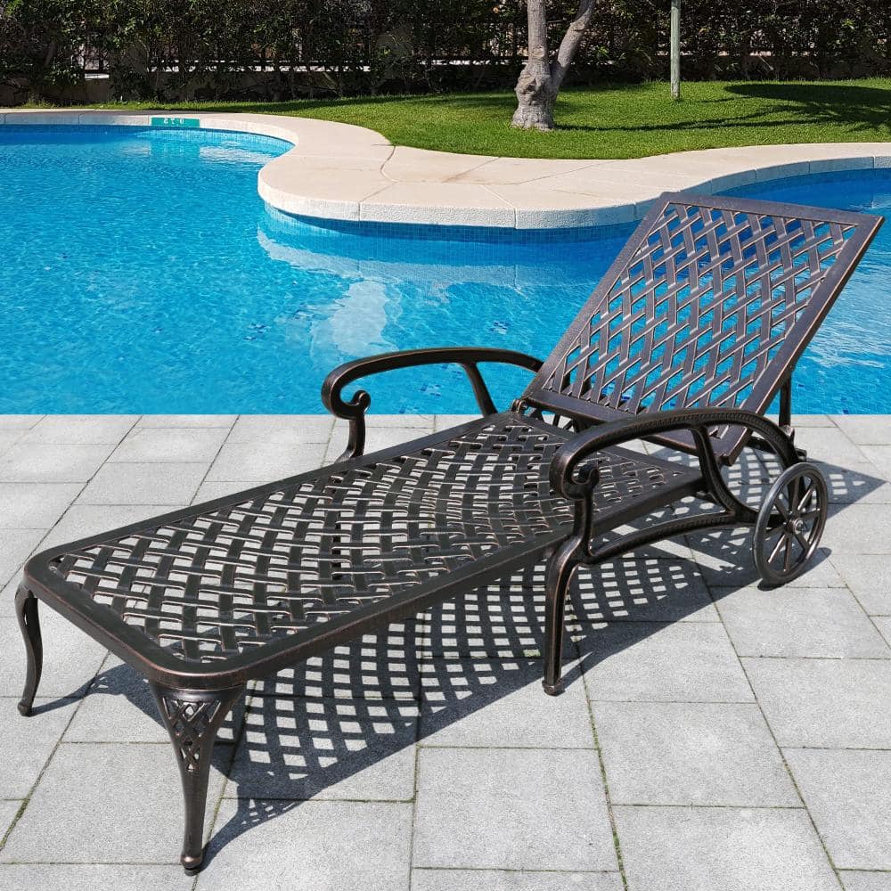 Outdoor Poolside Lounger Outside Bronze Cast Aluminum Chaise Lounge Chair with Adjustable Backrest and Moveable Wheels price history on PriceWatchPro