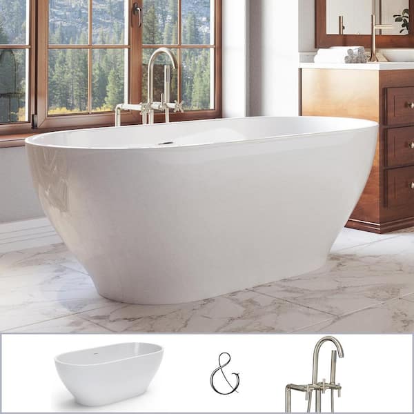 PELHAM & WHITE W-I-D-E Series Palisades 67 in. Acrylic Oval Freestanding Bathtub in White, Floor-Mount Faucet in Brushed Nickel
