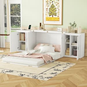 White Wood Frame Full Size Murphy Bed with Shelves, Cabinets and USB Ports
