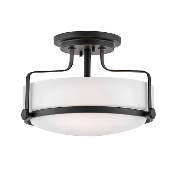 HINKLEY Hinkley Harper Medium Semi-Flush Mount Ceiling Light, Black + Etched Opal Glass